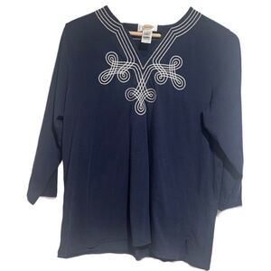 Talbots Navy Blouse with White Embroidery 3/4 Sleeve